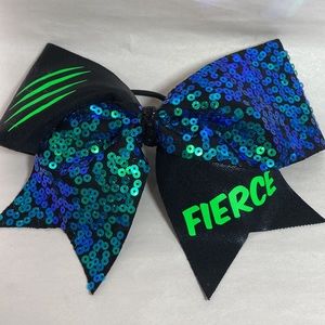 “FIERCE” Cheer Bow Sequined Green & Black with Hair Tie Attached Size 9 x 5”
